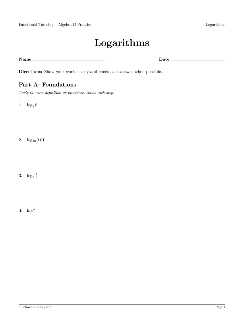 First-page preview of the Logarithms worksheet