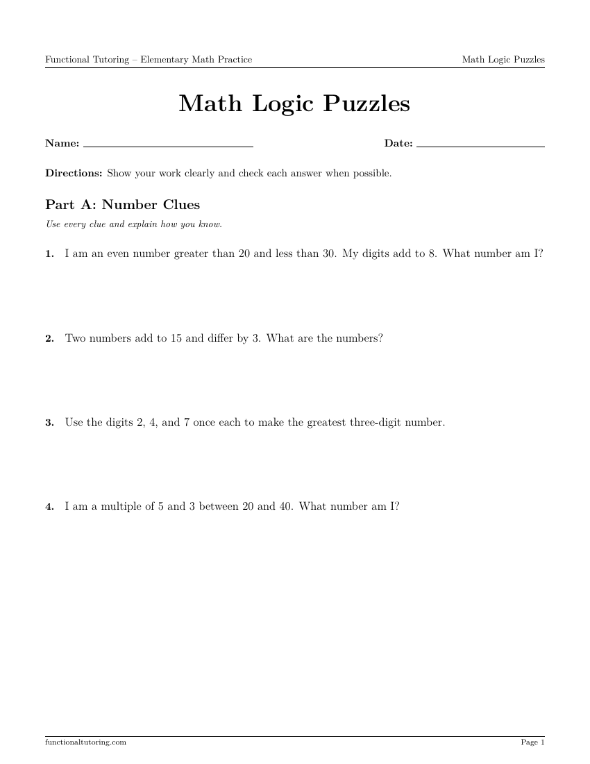 First-page preview of the Math Logic Puzzles worksheet