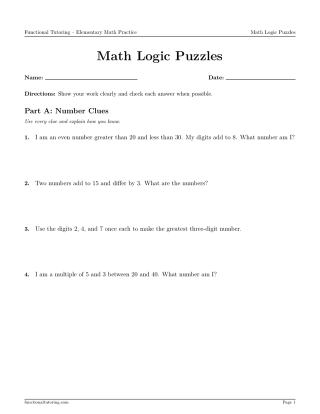 Preview of the Math Logic Puzzles worksheet