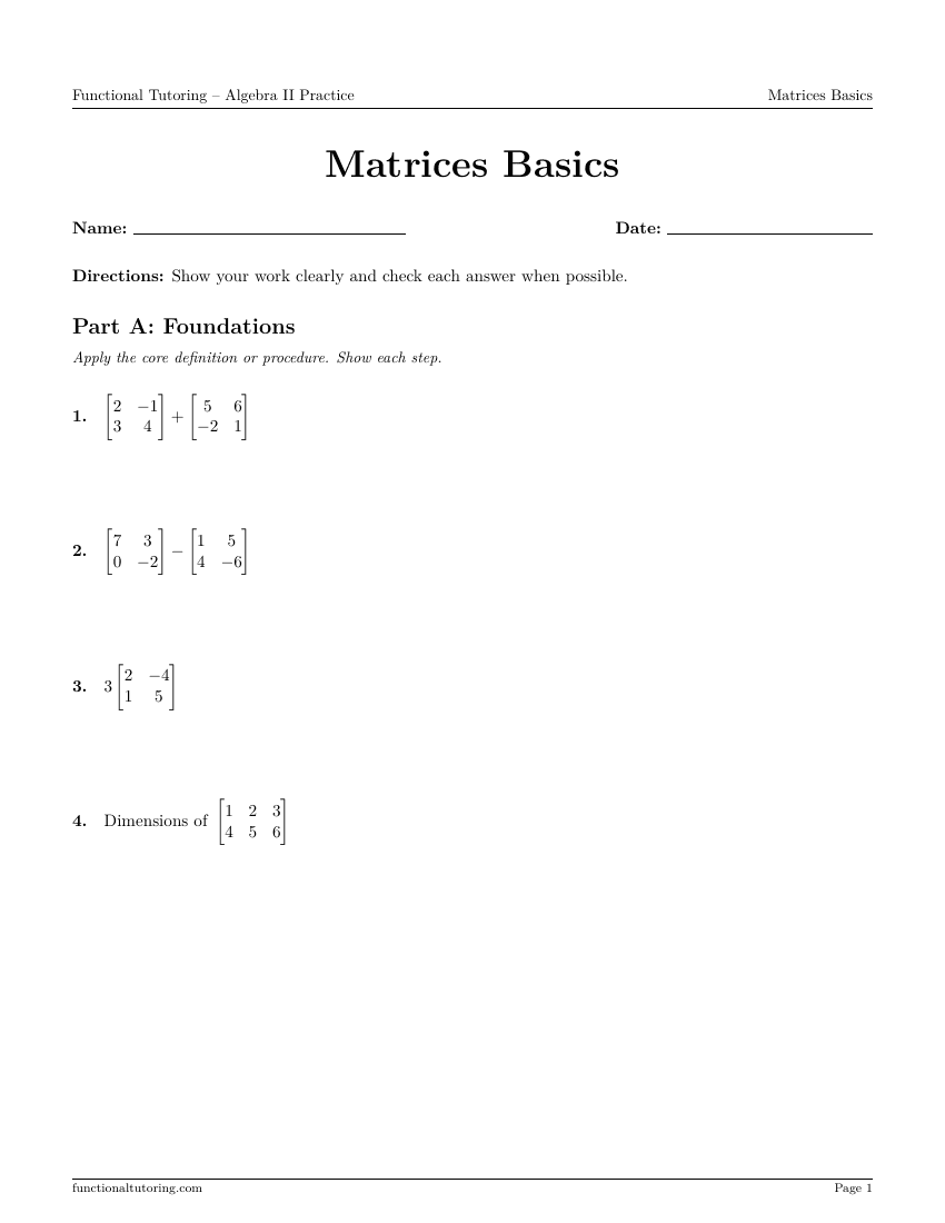 First-page preview of the Matrices Basics worksheet