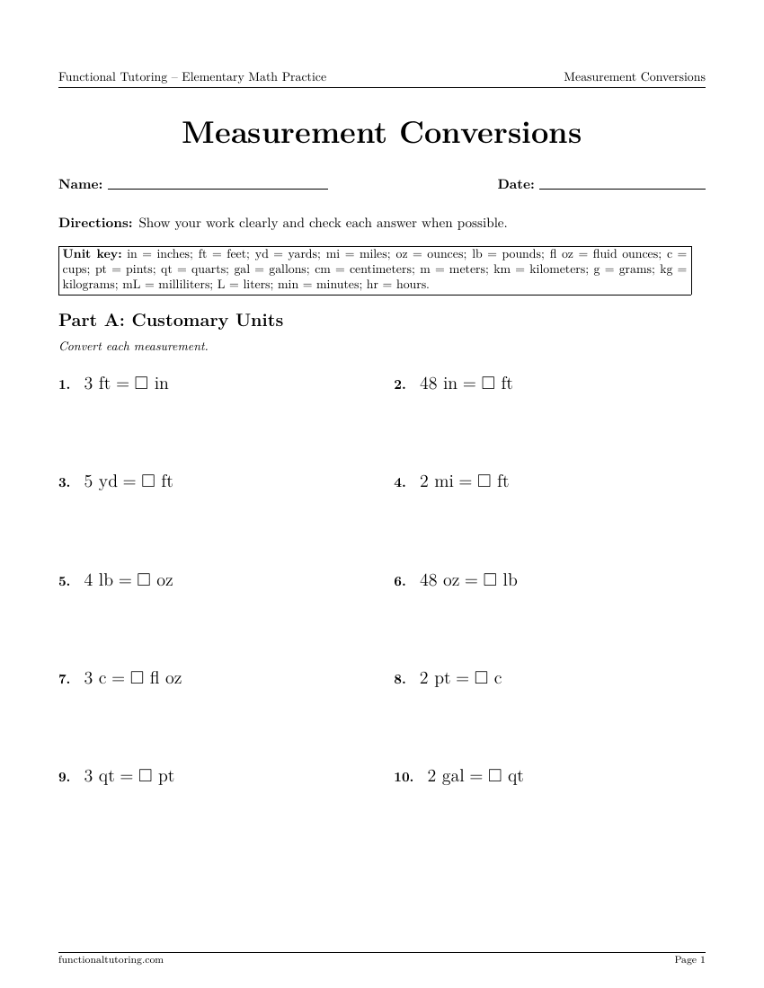 First-page preview of the Measurement Conversions worksheet