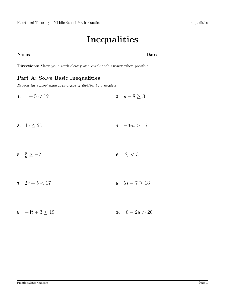 First-page preview of the Inequalities worksheet