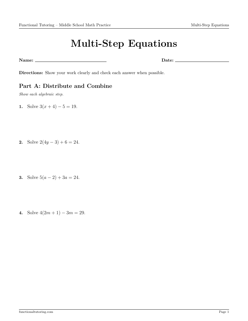 First-page preview of the Multi-Step Equations worksheet