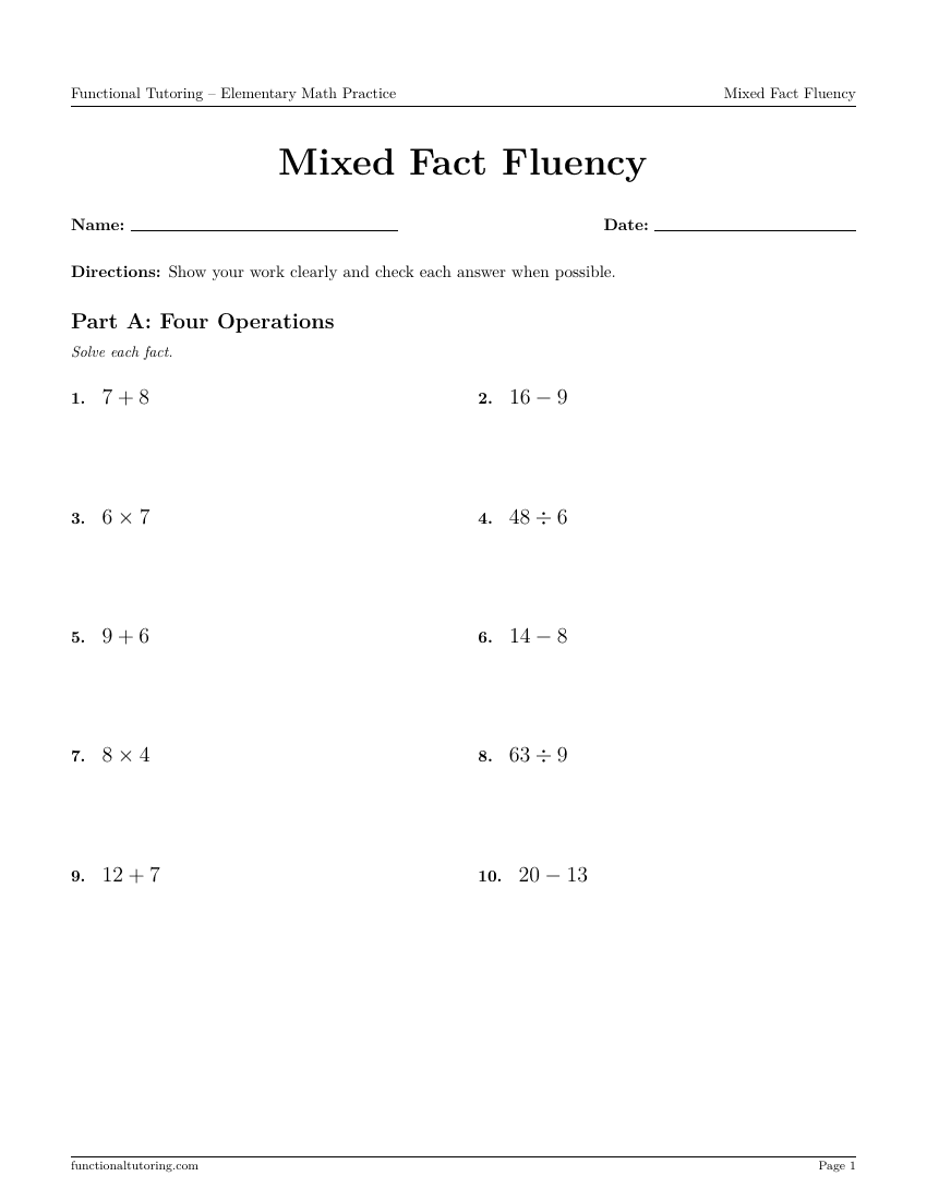 First-page preview of the Mixed Fact Fluency worksheet