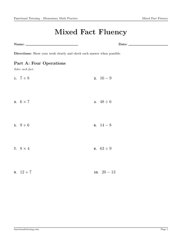 Preview of the Mixed Fact Fluency worksheet