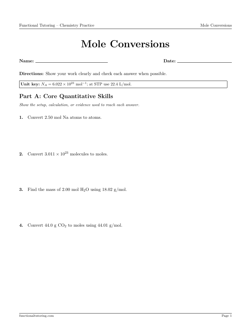 First-page preview of the Mole Conversions worksheet