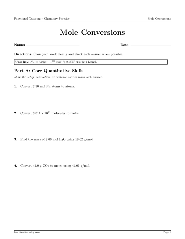 Preview of the Mole Conversions worksheet
