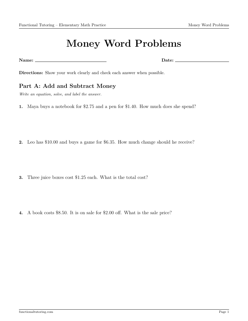 First-page preview of the Money Word Problems worksheet