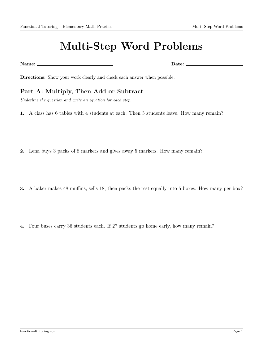 First-page preview of the Multi-Step Word Problems worksheet