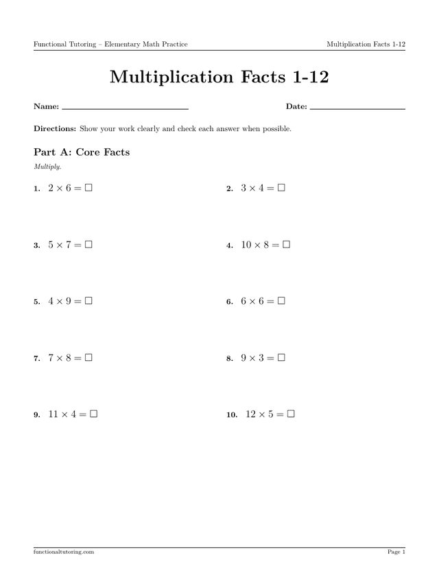 Preview of the Multiplication Facts 1-12 worksheet