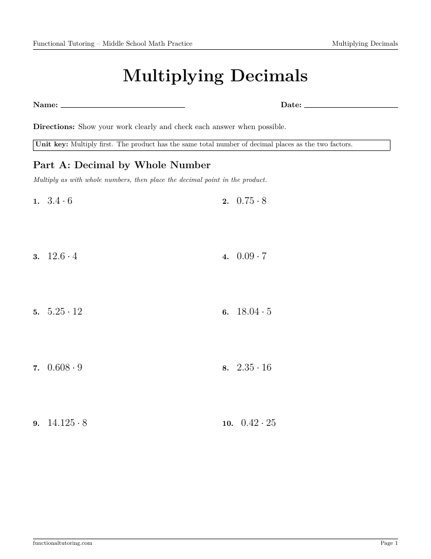 First-page preview of the Multiplying Decimals worksheet