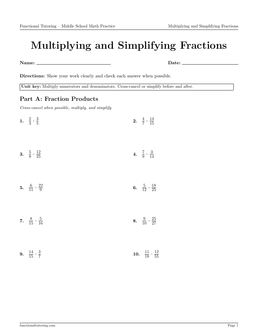 First-page preview of the Multiplying and Simplifying Fractions worksheet