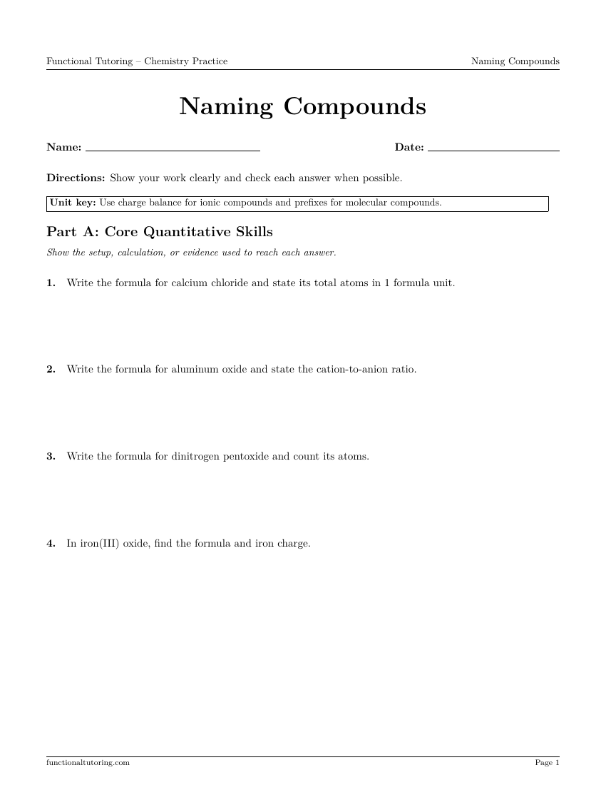 First-page preview of the Naming Compounds worksheet