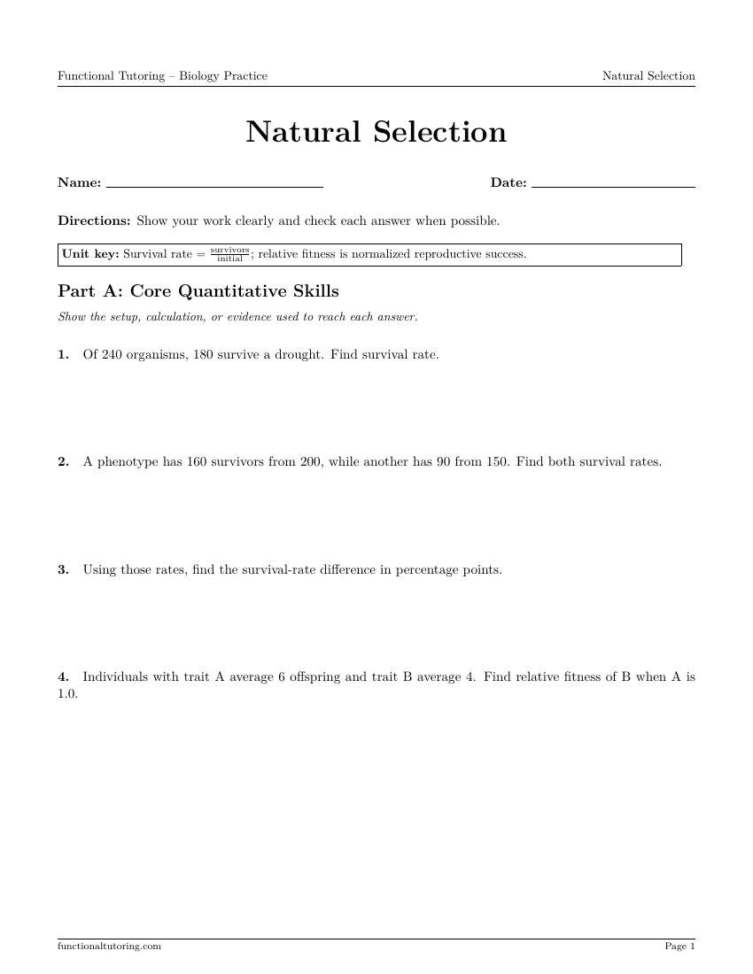 First-page preview of the Natural Selection worksheet