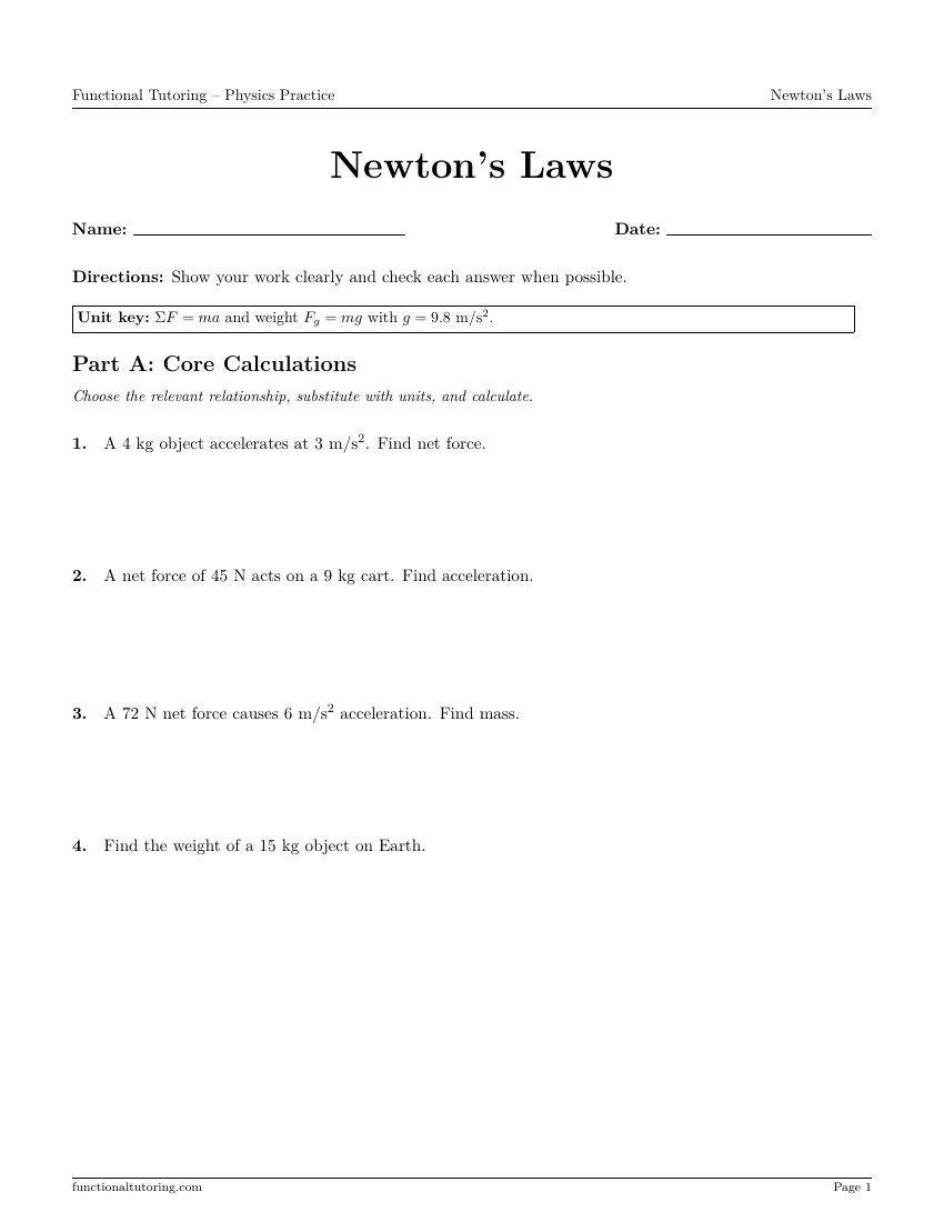 First-page preview of the Newton's Laws worksheet