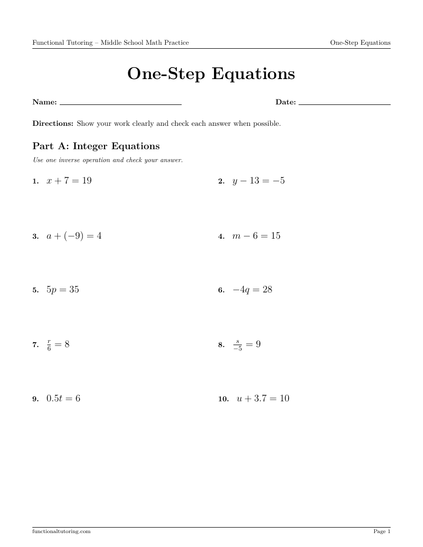 First-page preview of the One-Step Equations worksheet
