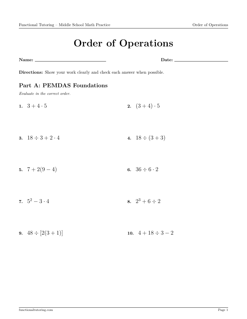 First-page preview of the Order of Operations worksheet