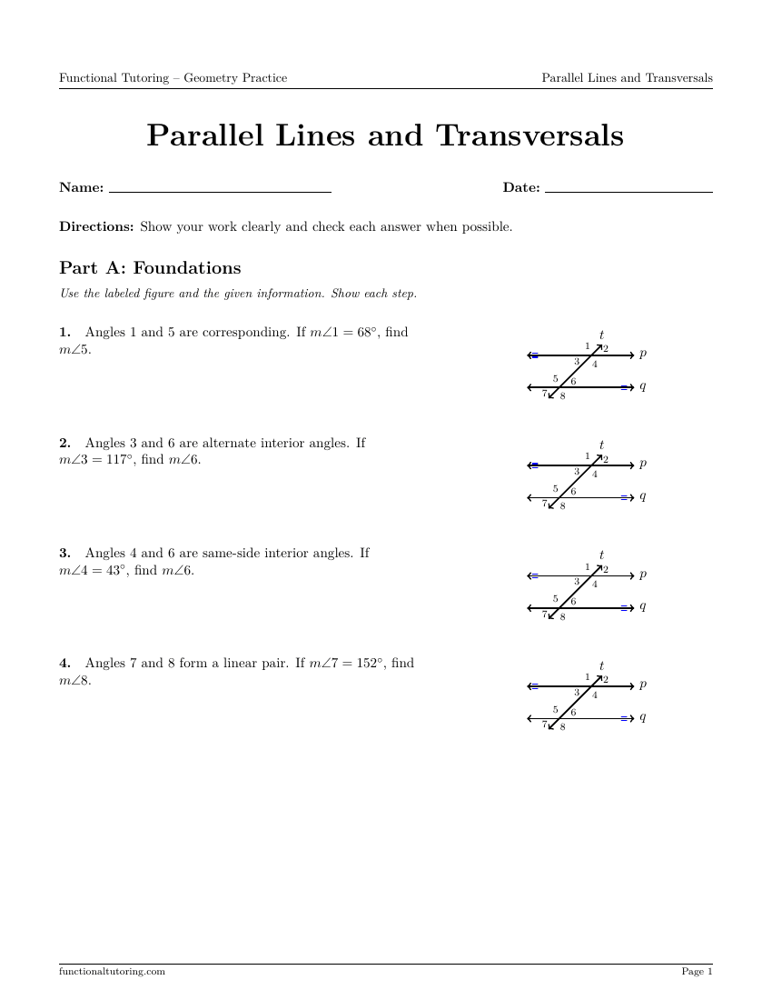 First-page preview of the Parallel Lines and Transversals worksheet