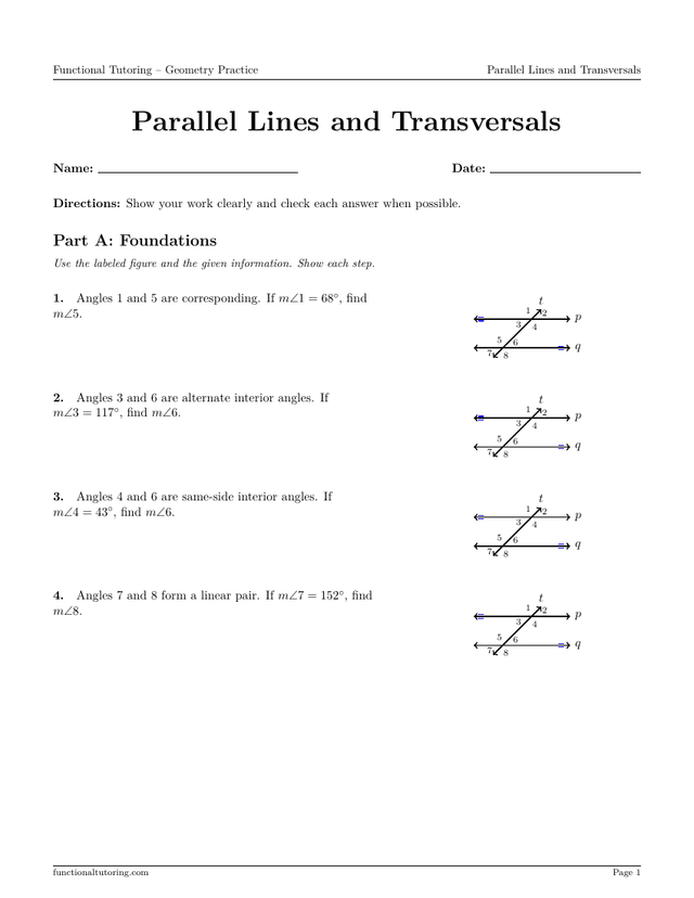 Preview of the Parallel Lines and Transversals worksheet