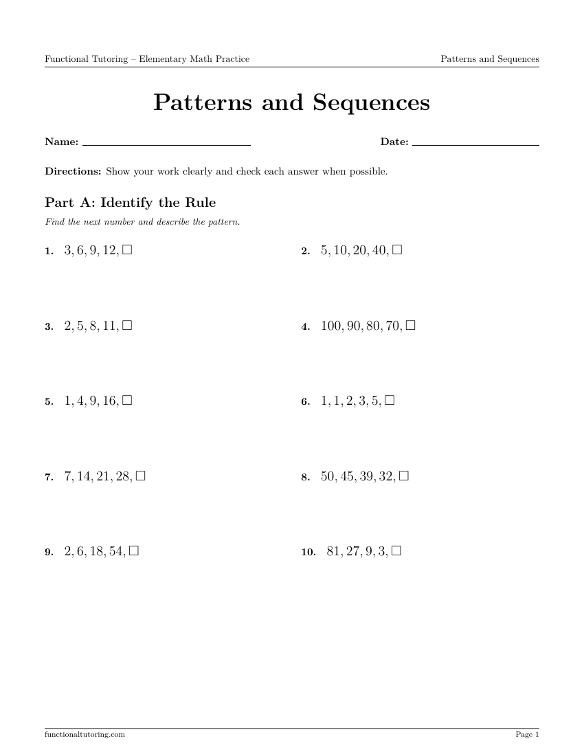 First-page preview of the Patterns and Sequences worksheet