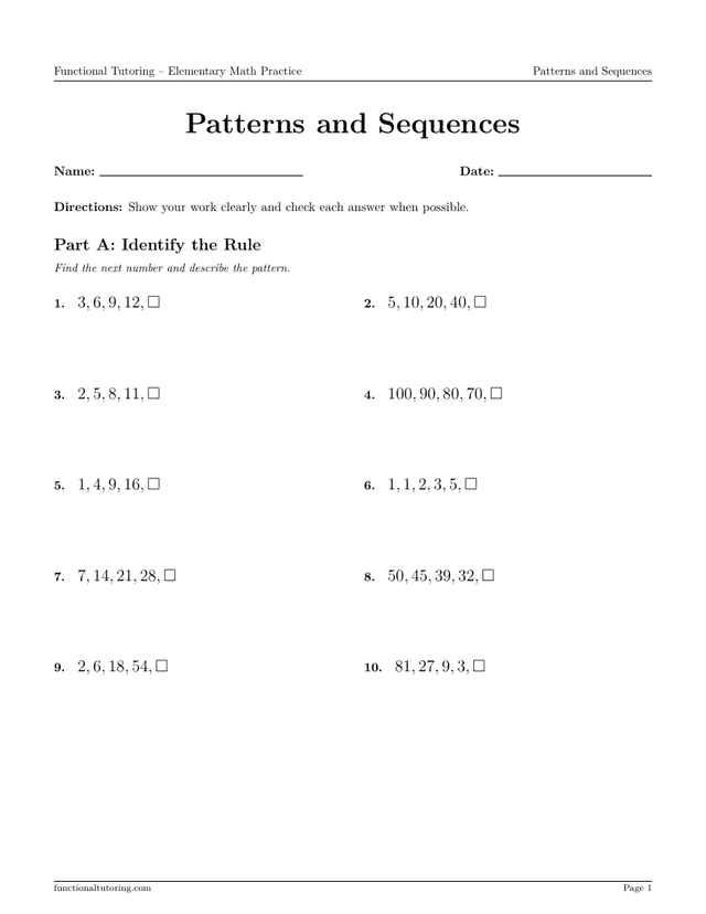 Preview of the Patterns and Sequences worksheet