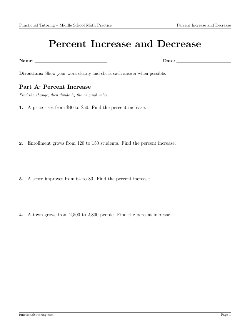 First-page preview of the Percent Increase & Decrease worksheet