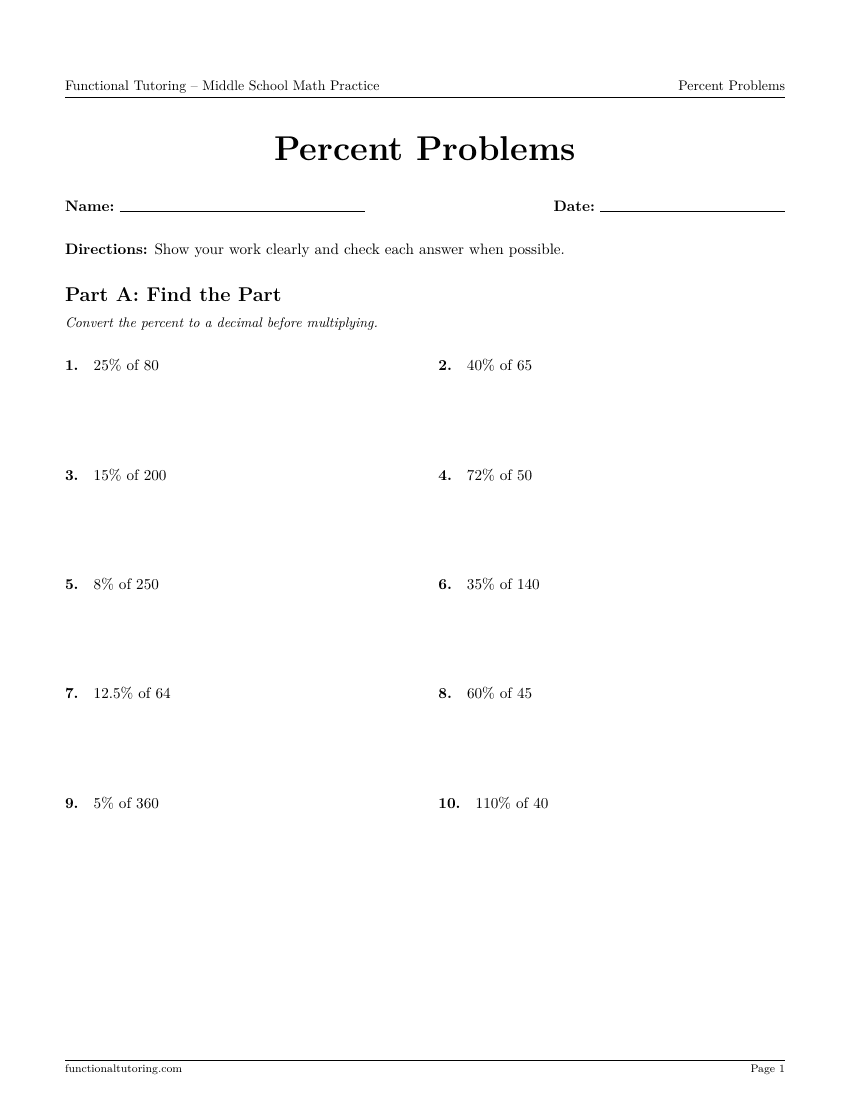 First-page preview of the Percent Problems worksheet