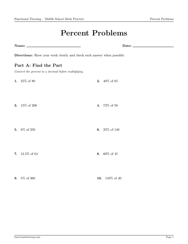 Preview of the Percent Problems worksheet