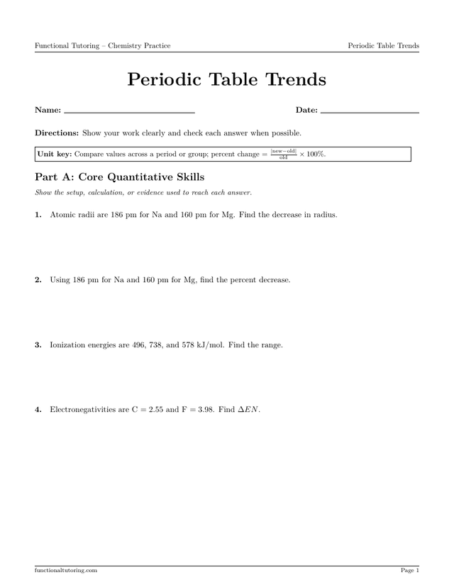 Preview of the Periodic Table Trends worksheet