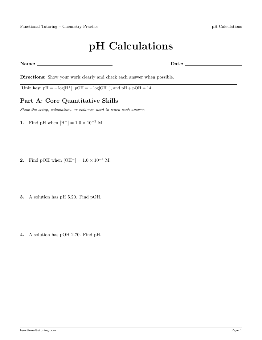 First-page preview of the pH Calculations worksheet