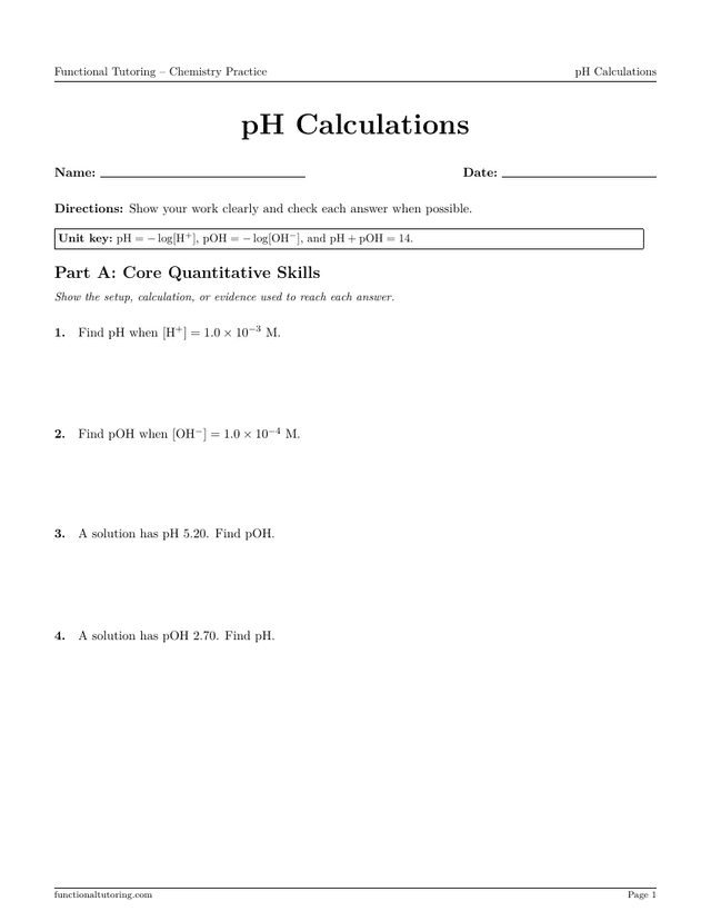 Preview of the pH Calculations worksheet