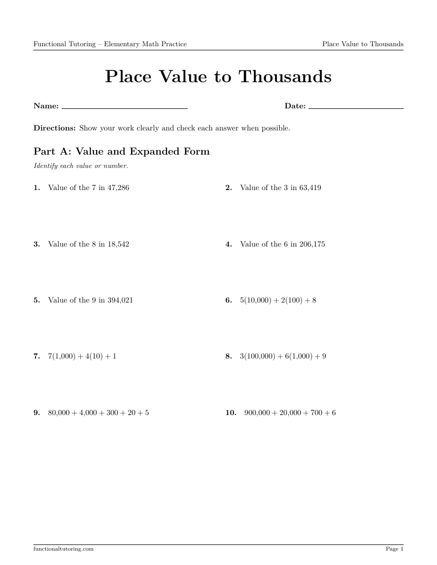 First-page preview of the Place Value to Thousands worksheet