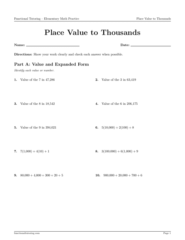 Preview of the Place Value to Thousands worksheet