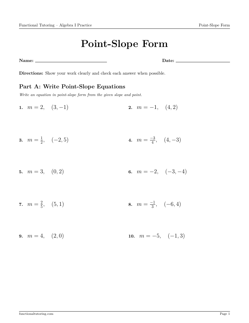 First-page preview of the Point-Slope Form worksheet