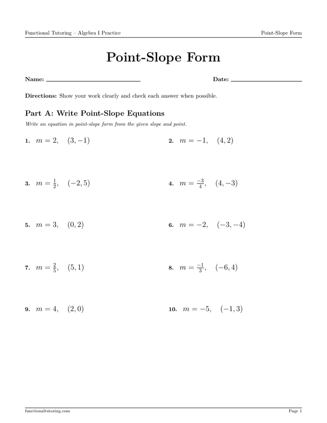 Preview of the Point-Slope Form worksheet