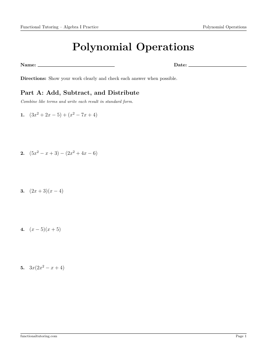 First-page preview of the Polynomial Operations worksheet