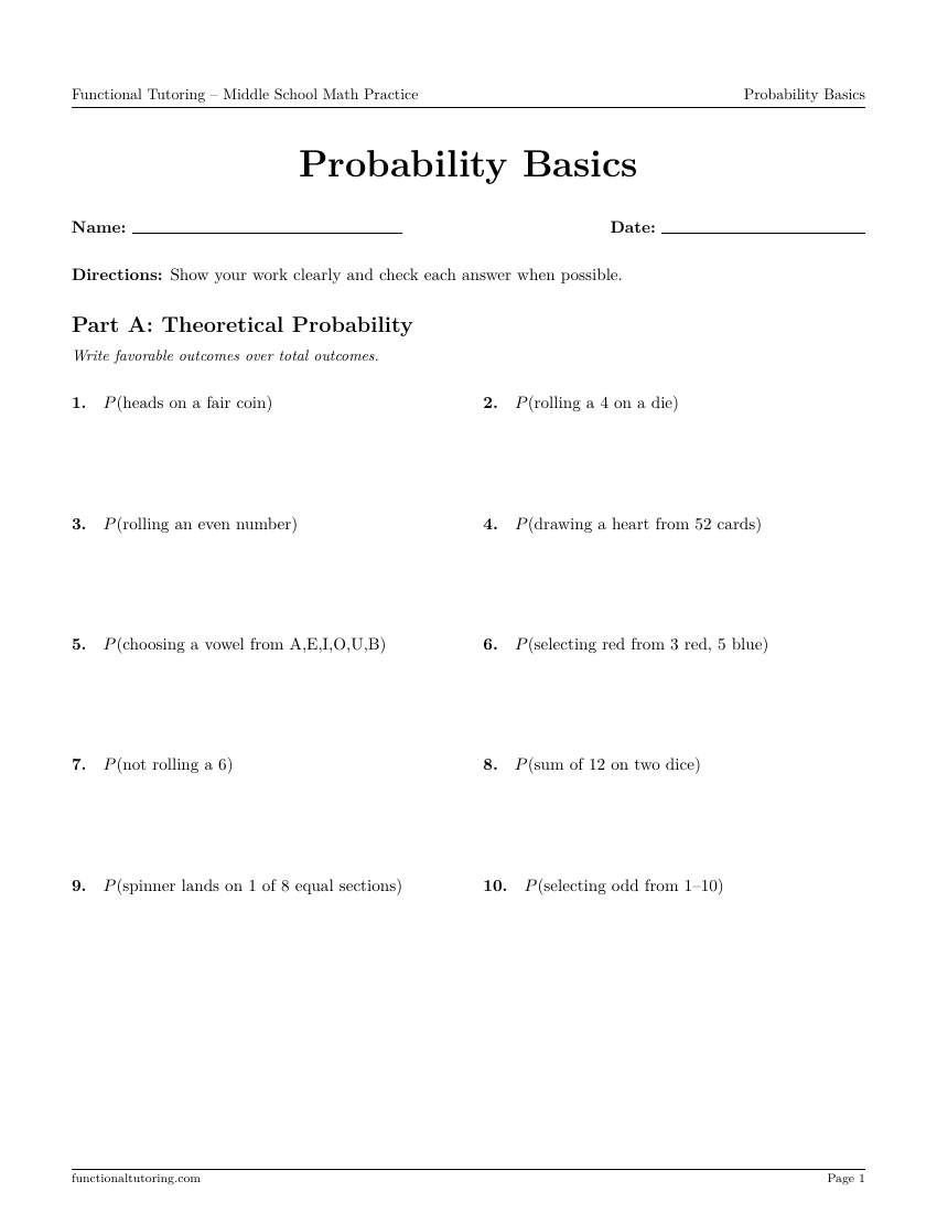 First-page preview of the Probability Basics worksheet