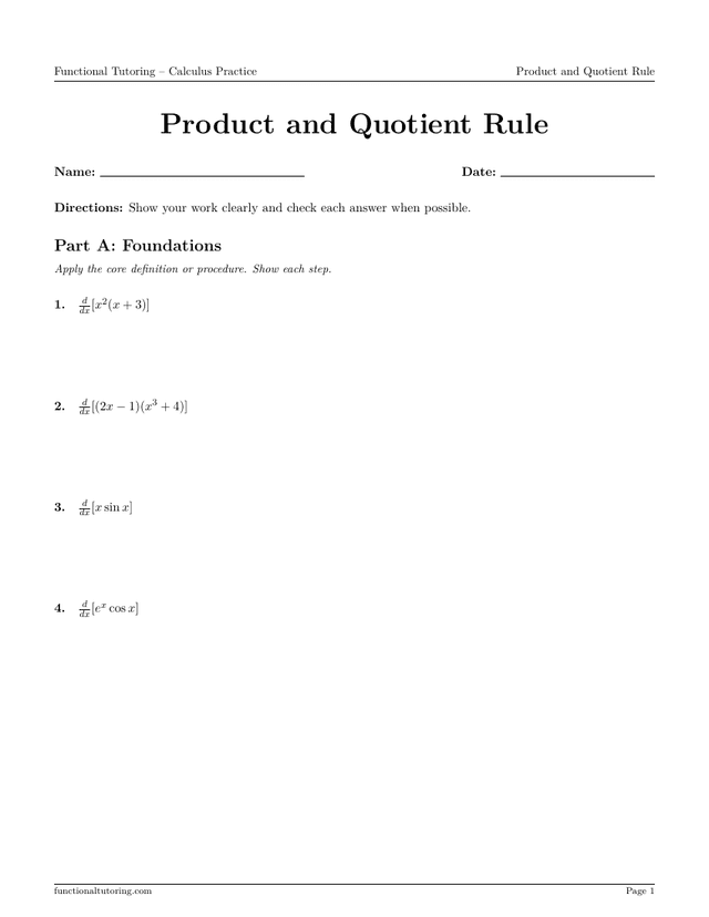Preview of the Product and Quotient Rule worksheet