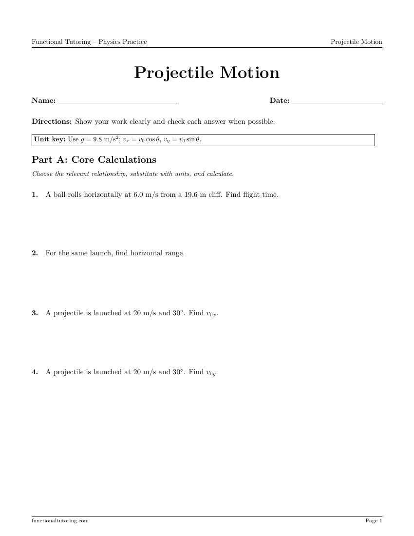 First-page preview of the Projectile Motion worksheet