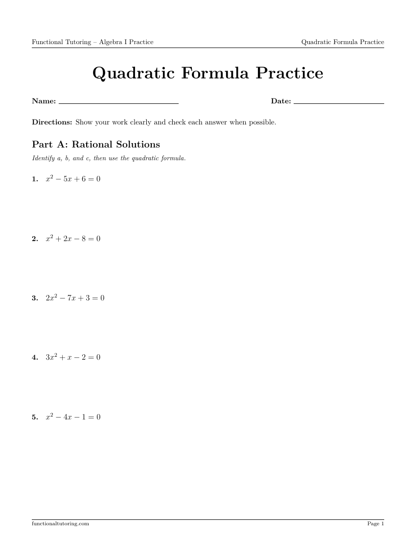 First-page preview of the Quadratic Formula Practice worksheet