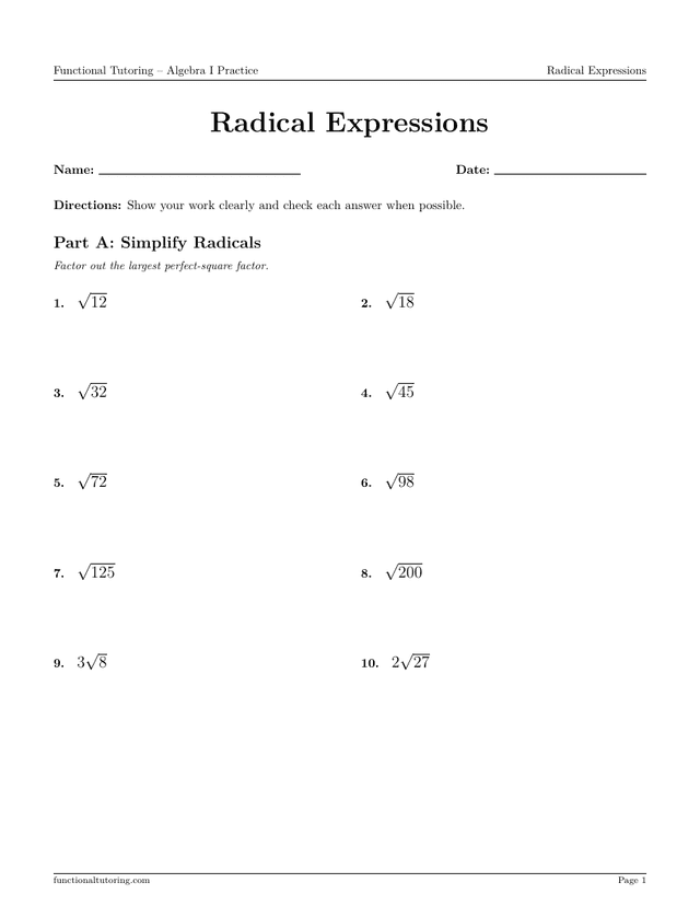Preview of the Radical Expressions worksheet