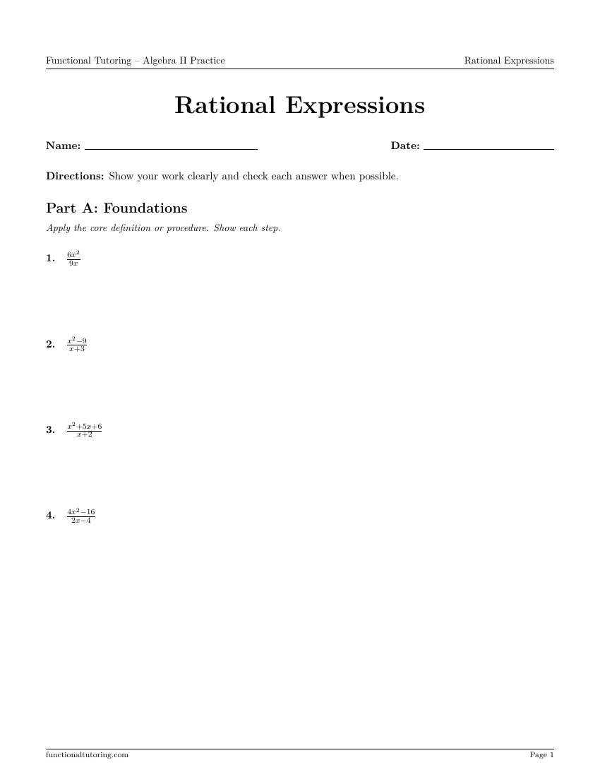 First-page preview of the Rational Expressions worksheet