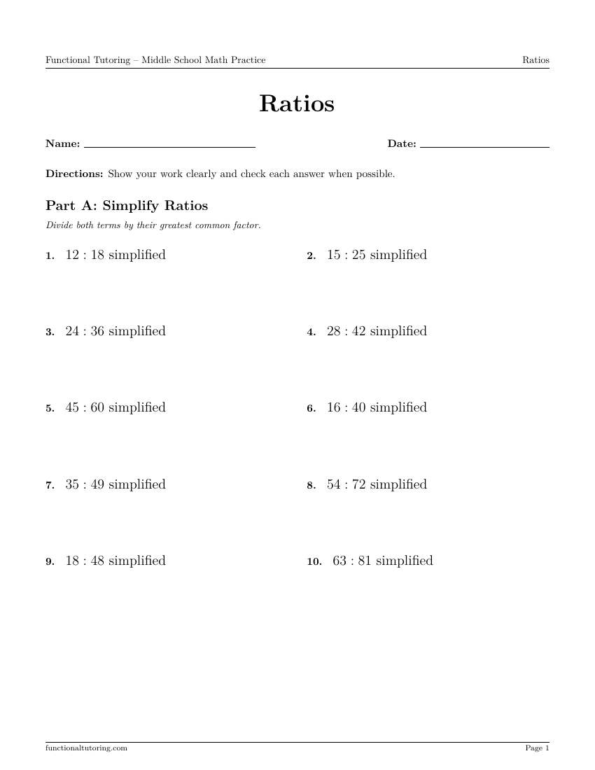 First-page preview of the Ratios worksheet