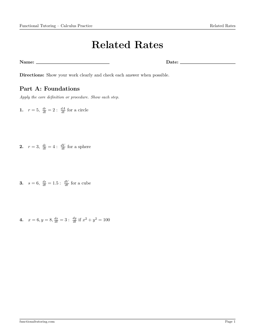 First-page preview of the Related Rates worksheet