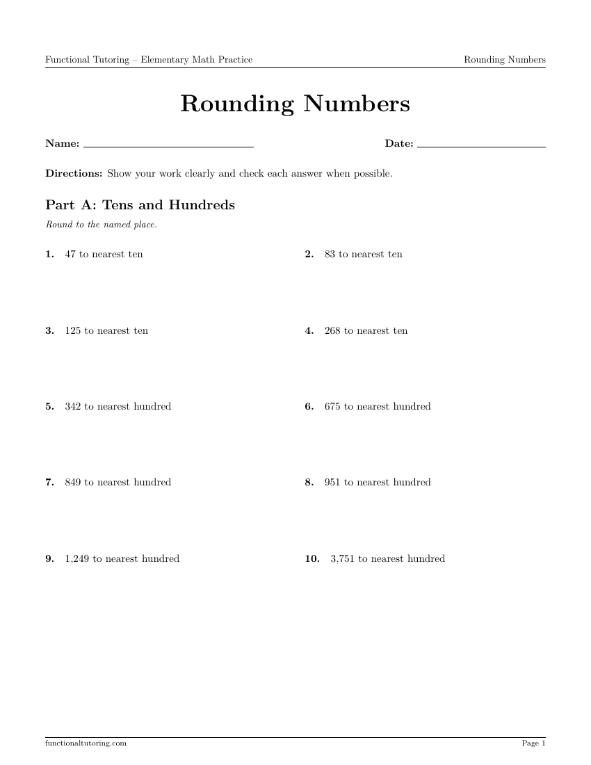 First-page preview of the Rounding Numbers worksheet