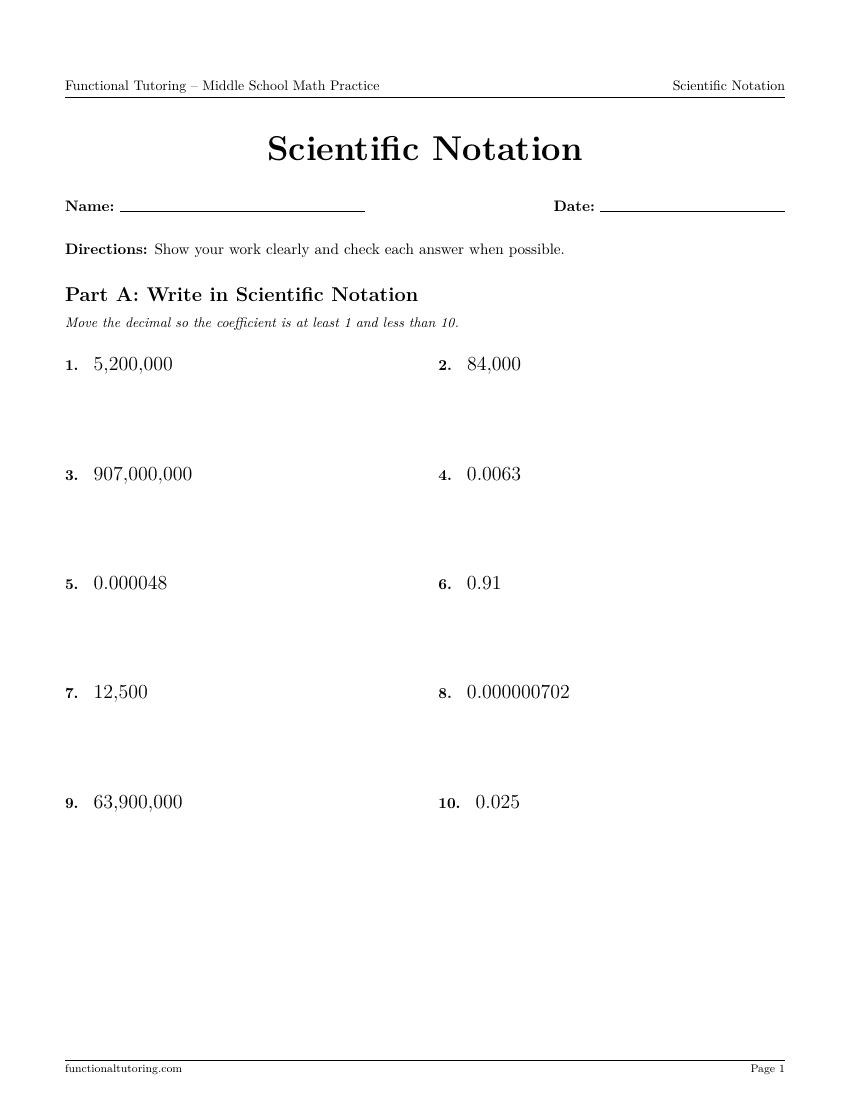 First-page preview of the Scientific Notation worksheet