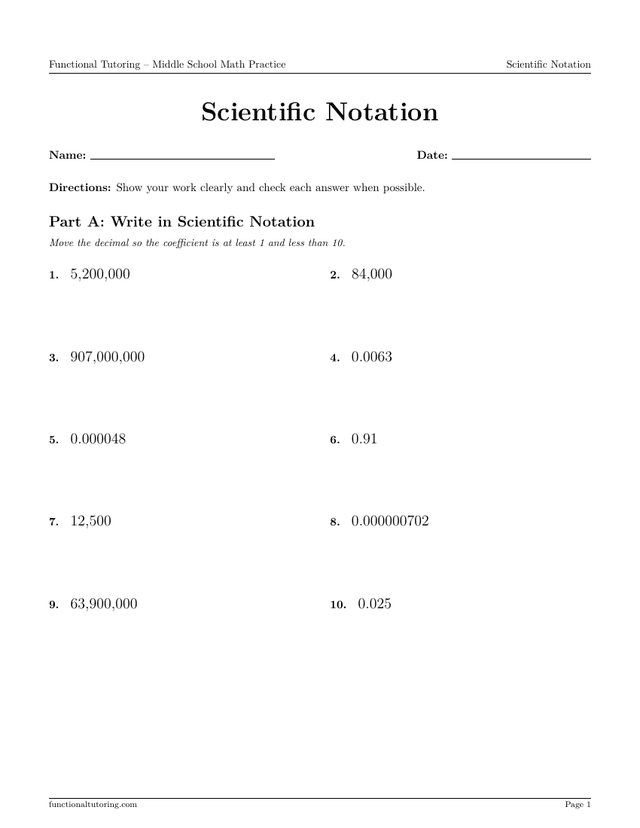 Preview of the Scientific Notation worksheet