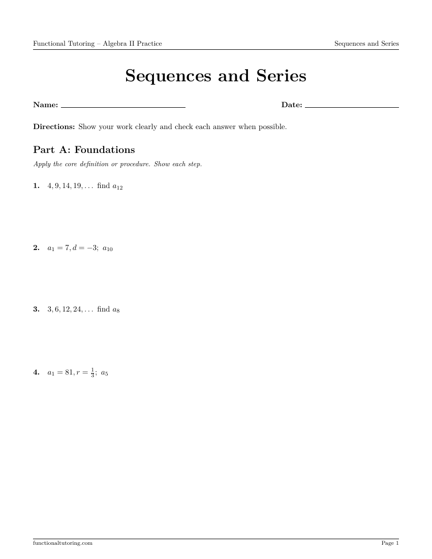 First-page preview of the Sequences and Series worksheet
