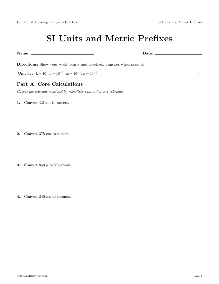 First-page preview of the SI Units and Metric Prefixes worksheet