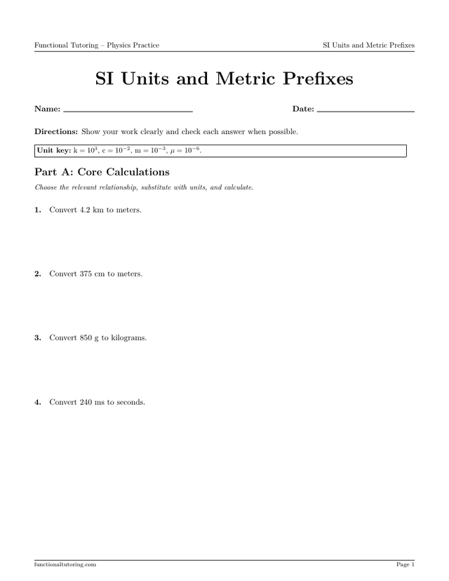 Preview of the SI Units and Metric Prefixes worksheet